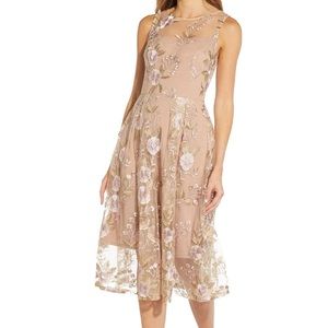 Adrianna Papell Floral Embroidered Midi Fit & Flare Dress Women Size 12 Blush